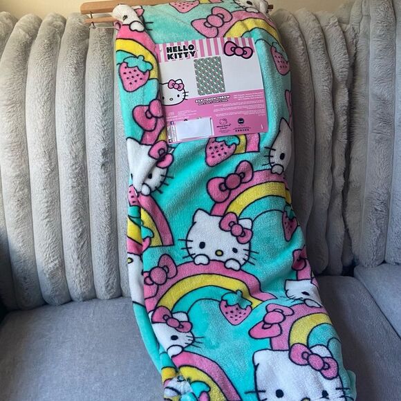 Hello Kitty Blanket - Sanrio Teal Blanket with Rainbows, Strawberries and Bows - Picture 1 of 6
